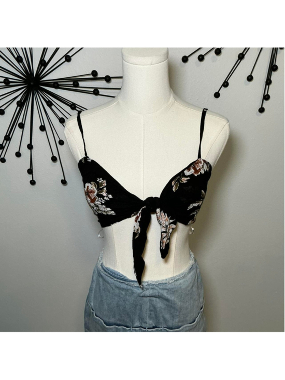 Faithfull the Brand Floral Tie Front Bralette Top XS Black Boho